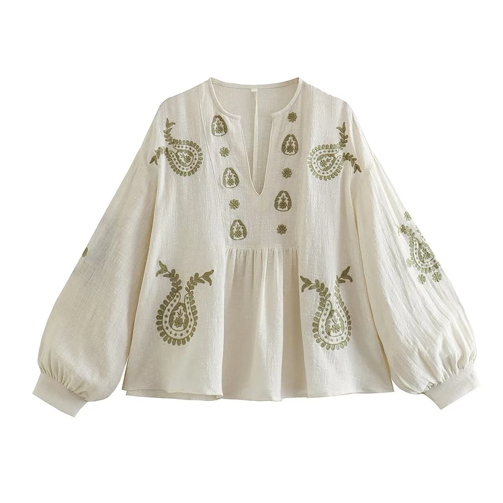 Embroidery Blouse - Womens New Loose Cotton Embroidery Shirt