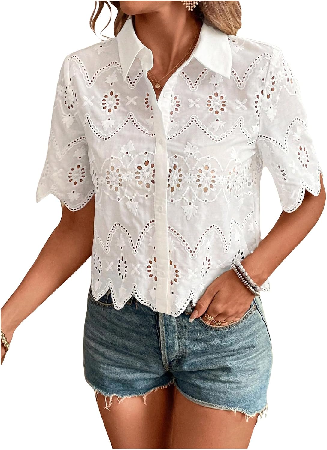 Embroidery Blouse - Women's Short Sleeve Button Down Collared