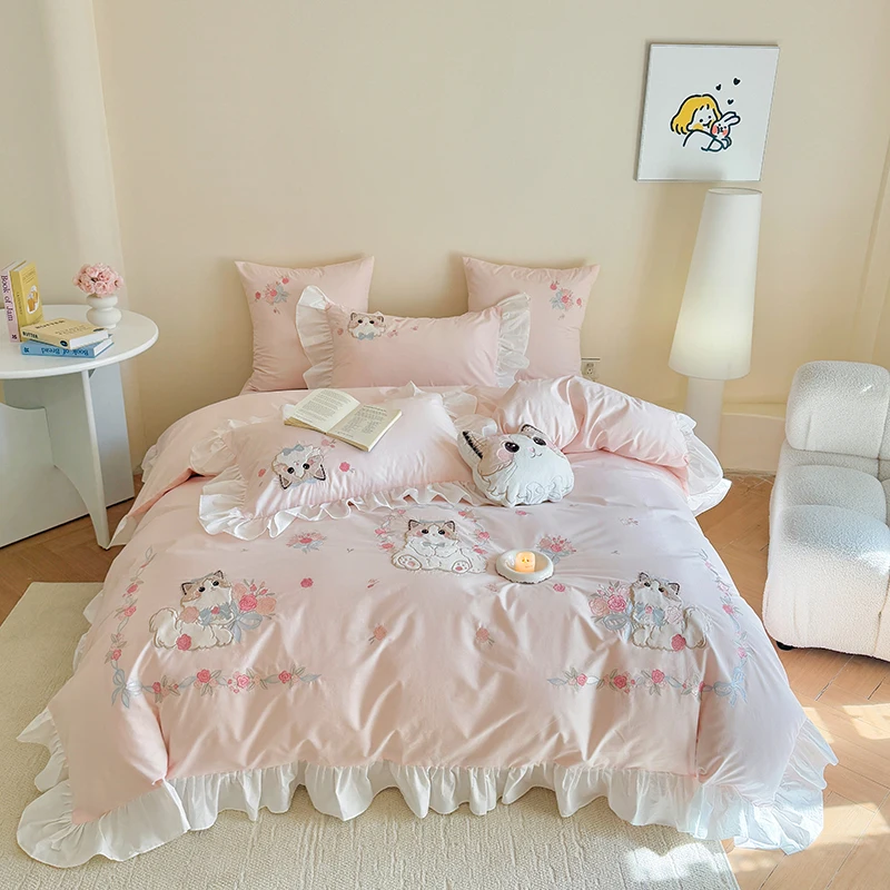 Embroidery Quilt Cover - Pink Pure cotton cute cartoon cat