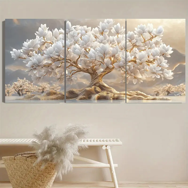 Embroidery Canvas - White Flower Tree and Golden Leaves