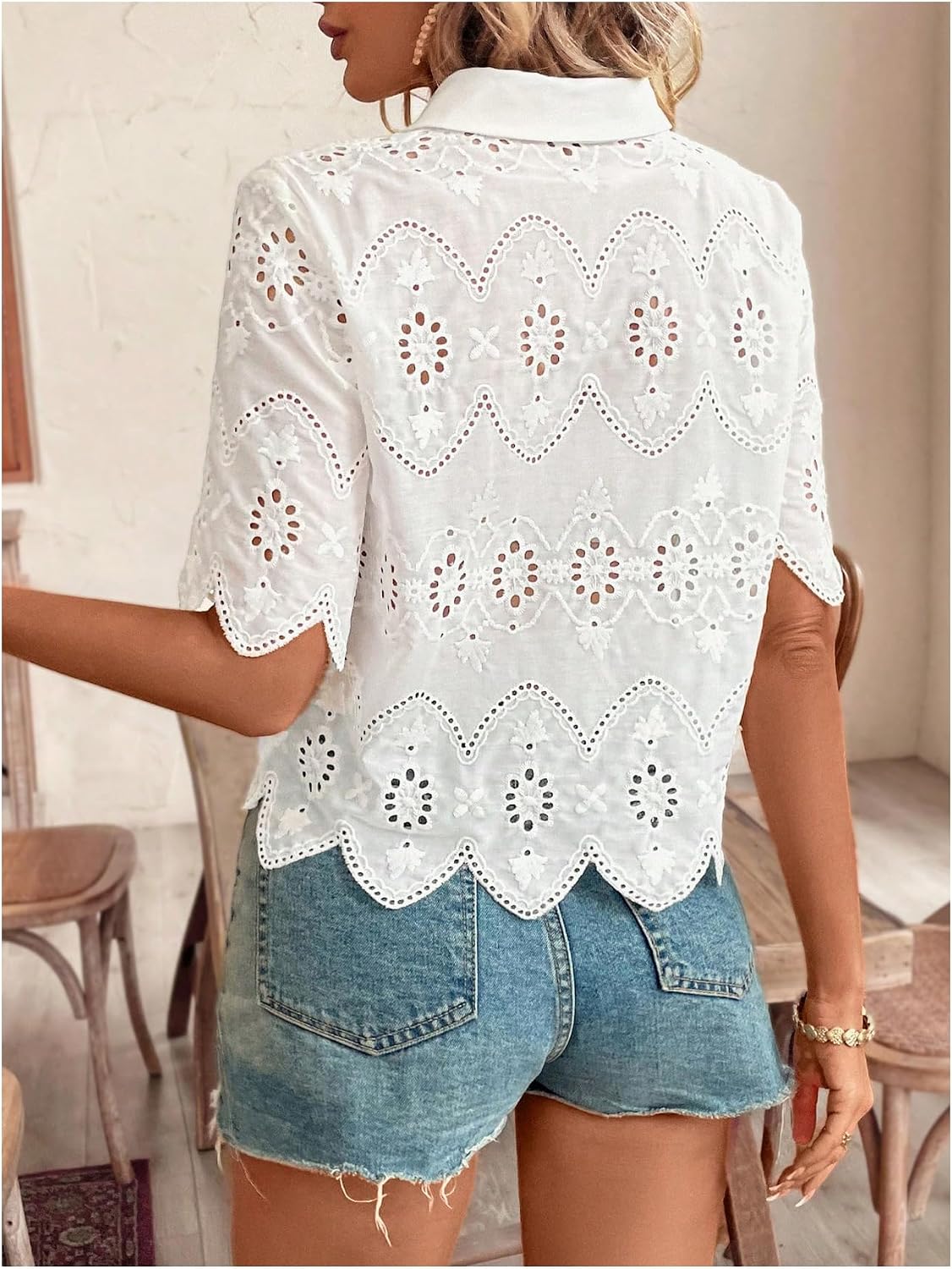 Women's Short Sleeve Button Do - Embroidery Blouse ulasan dan harga