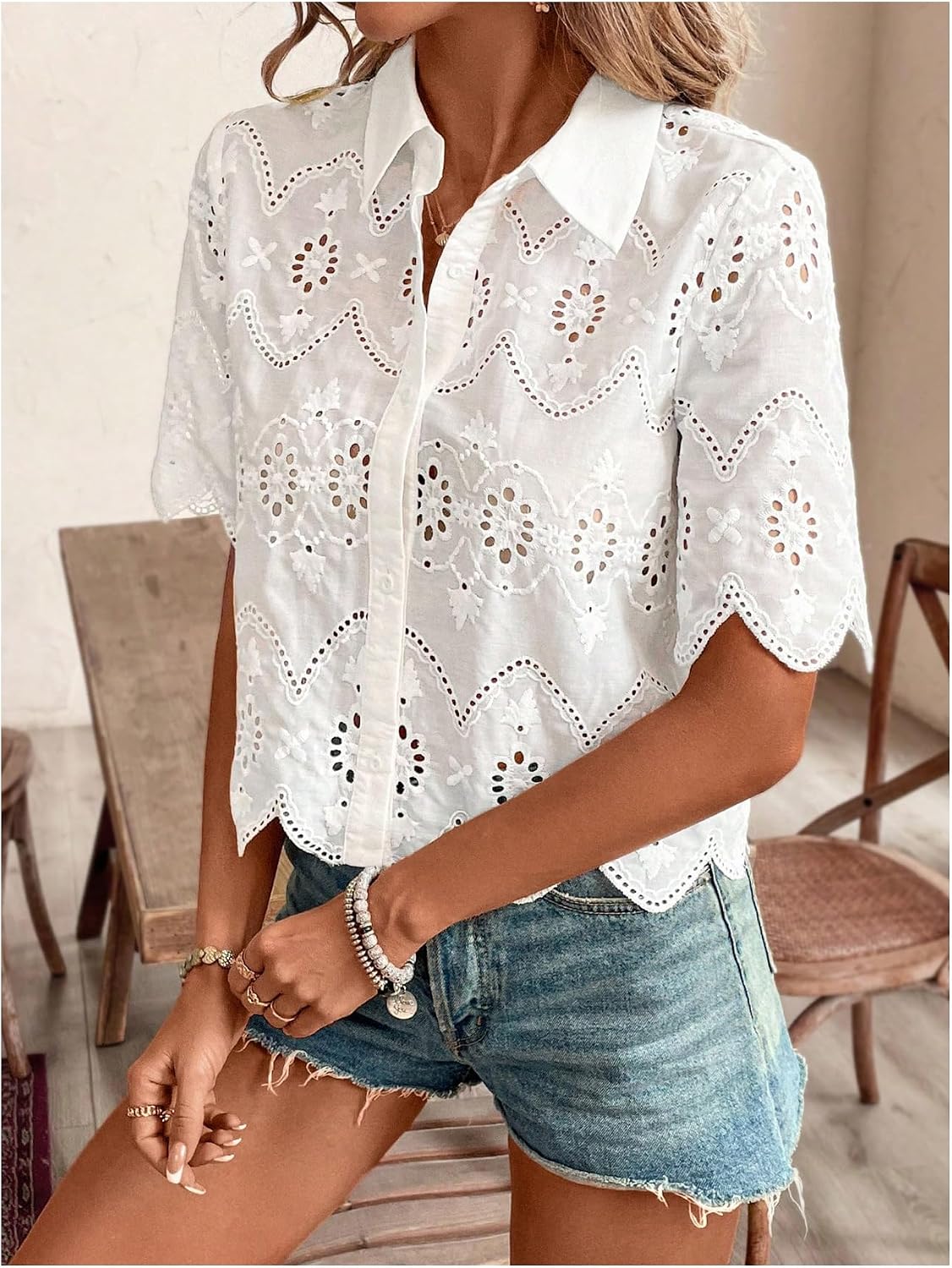 Women's Short Sleeve Button Do - Embroidery Blouse ulasan dan harga