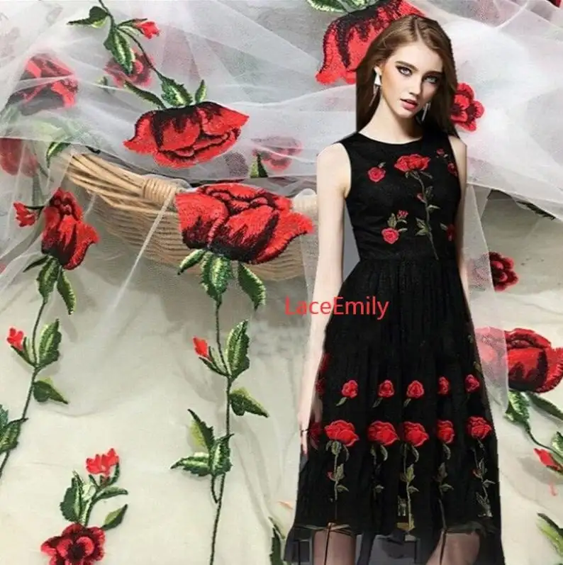 Red Rose Lace Fabric flower em - Embroidery Roses ulasan dan harga
