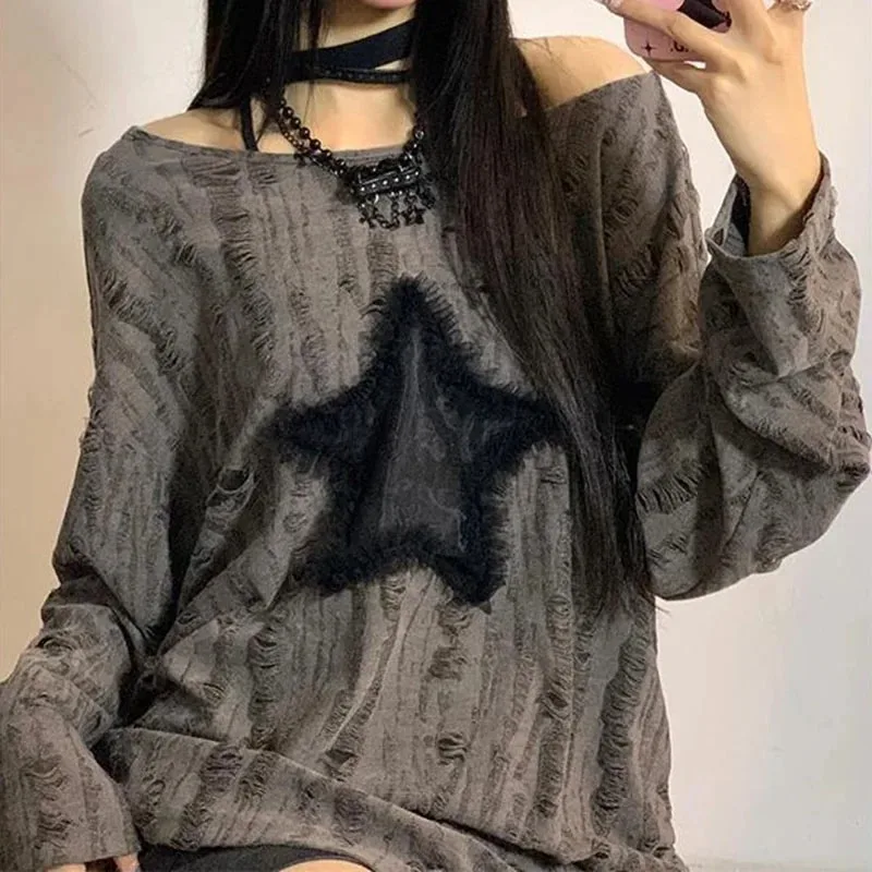 Y2K Hole Star Print T-Shirt Wo - Embroidery Blouse ulasan dan harga