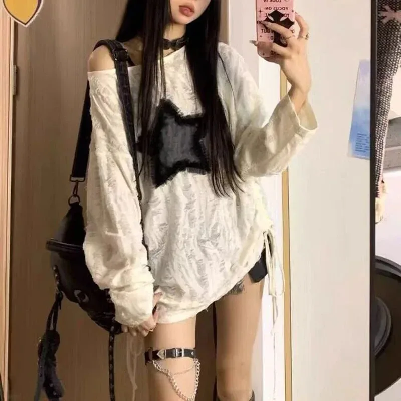 Y2K Hole Star Print T-Shirt Wo - Embroidery Blouse ulasan dan harga